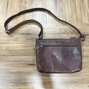 ​Jack Georges Chocolate Brown Genuine  Leather Floral Carved Crossbody Bag